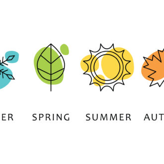 Four seasons icons, signs, symbols. Winter spring summer fall. Snowflake, leaf, sun, autumn leaf. Line art
